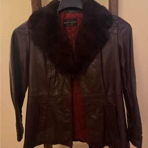 Vintage Women’s burgundy Leather and Fur Trimmed Jacket